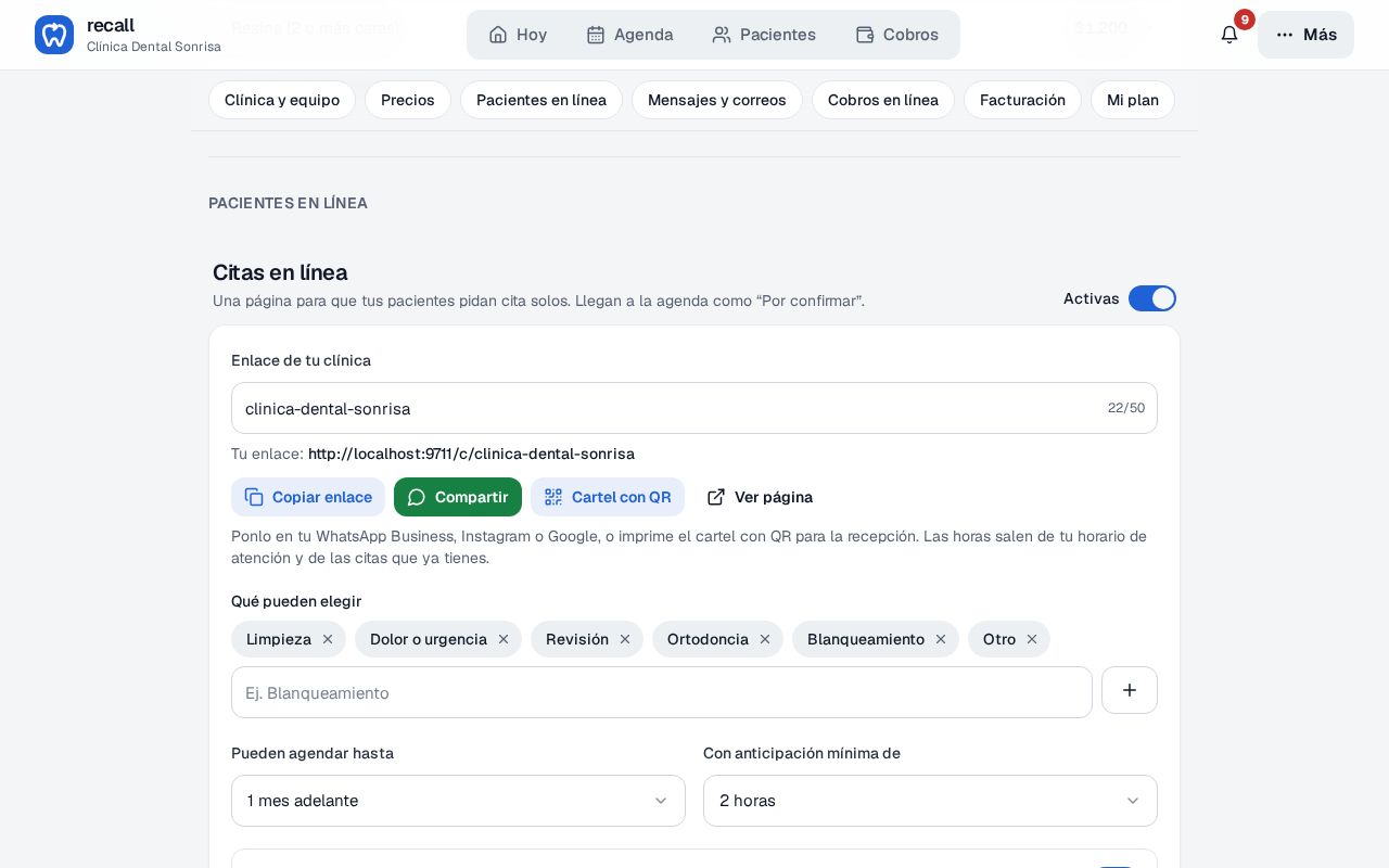 Configuración de Recall, tarjeta Citas en línea con el interruptor en Activas, el campo Enlace de tu clínica y los botones Copiar enlace, Compartir, Cartel con QR y Ver página