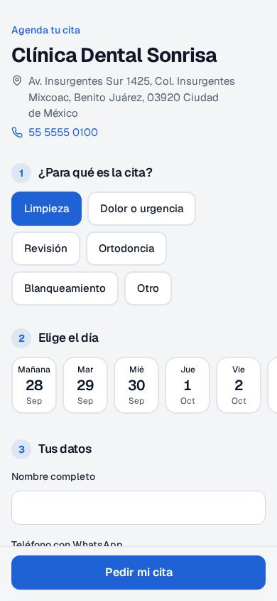 Página pública de citas de Clínica Dental Sonrisa en un celular, paso 1 ¿Para qué es la cita? con el motivo Limpieza elegido