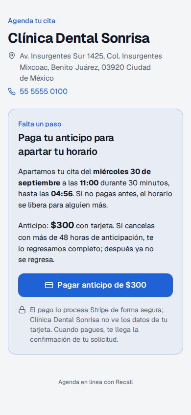 Pantalla Falta un paso: Paga tu anticipo para apartar tu horario, con la cita del miércoles 30 de septiembre a las 11:00 apartada durante 30 minutos y el botón Pagar anticipo de $300