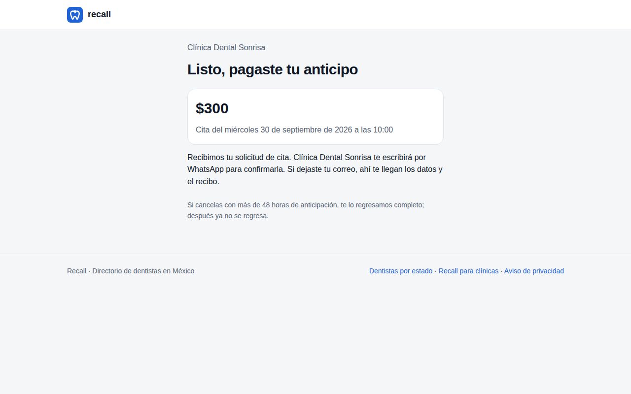 Página Listo, pagaste tu anticipo con el monto de $300, la cita del miércoles 30 de septiembre a las 10:00 y la regla de las 48 horas