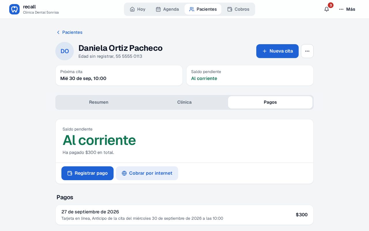 Pestaña Pagos de la ficha de Daniela Ortiz Pacheco con el pago de $300 Tarjeta en línea, Anticipo de la cita del miércoles 30 de septiembre