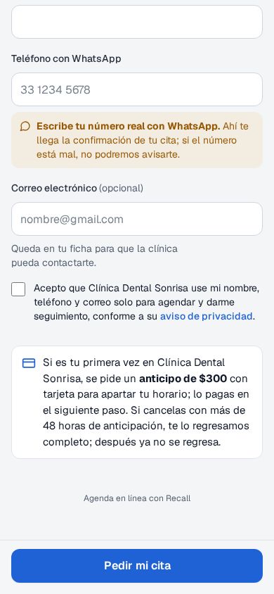 Casilla del aviso de privacidad en la página de citas en línea de Clínica Dental Sonrisa: Acepto que la clínica use mi nombre, teléfono y correo solo para agendar y darme seguimiento