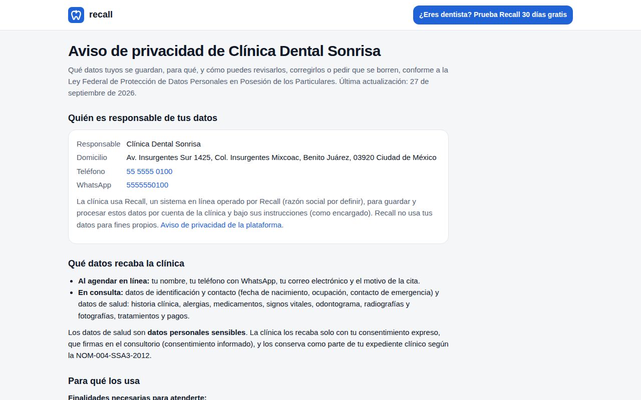 Apartados Qué datos recaba la clínica y Para qué los usa del aviso de privacidad, con las finalidades necesarias para atender y las finalidades adicionales