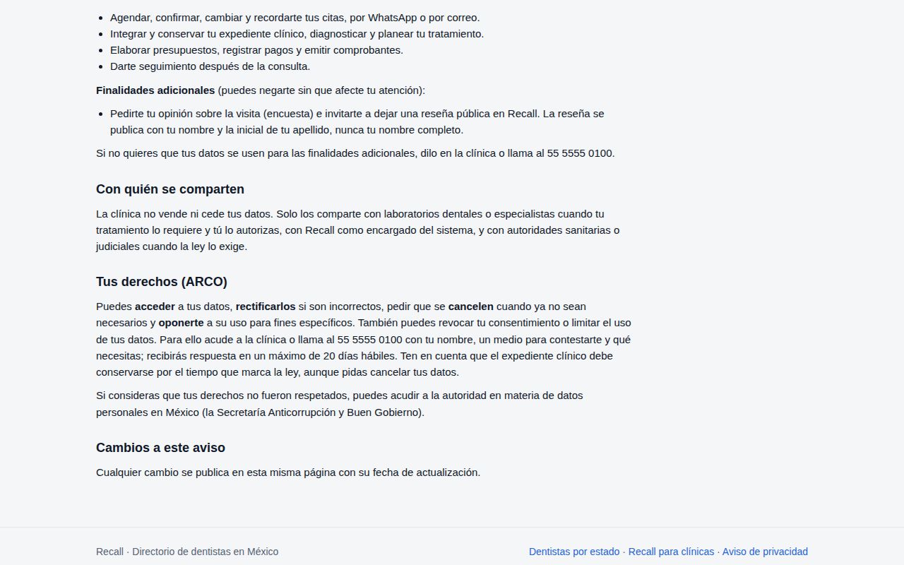 Apartado Tus derechos (ARCO) del aviso de privacidad: acceder, rectificar, cancelar y oponerse, cómo pedirlo en la clínica y el plazo de 20 días hábiles