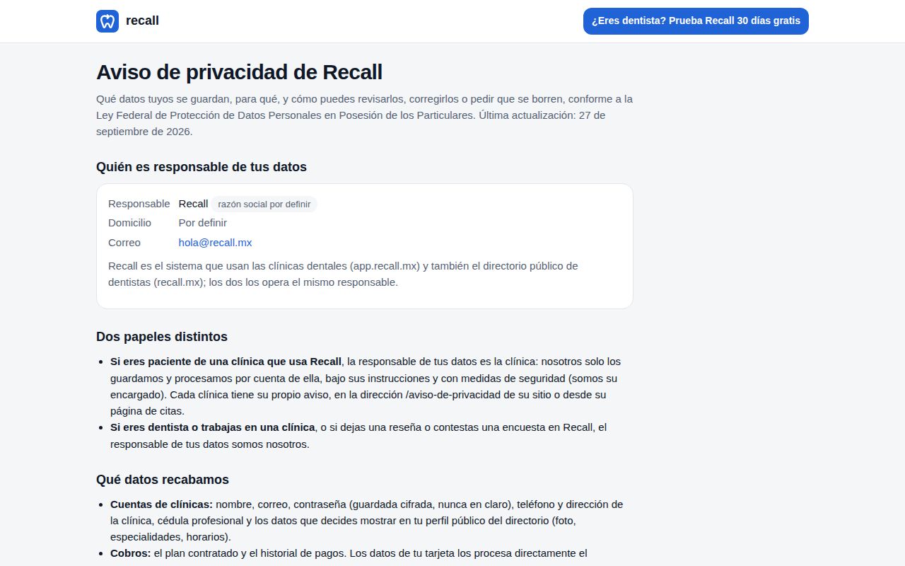 Aviso de privacidad de la plataforma Recall en recall.mx, para las cuentas de dentistas, las reseñas y las cookies