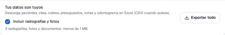 Bloque Tus datos son tuyos en Mi plan de Recall con la casilla Incluir radiografías y fotos marcada y el botón Exportar todo