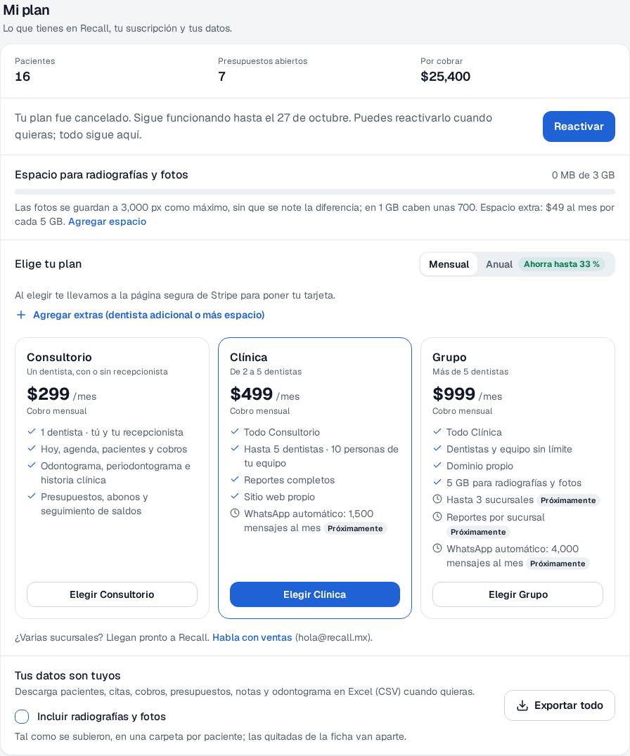 Mi plan de Recall después de cancelar: Tu plan fue cancelado, sigue funcionando hasta el 27 de octubre, con el botón Reactivar y los planes abajo