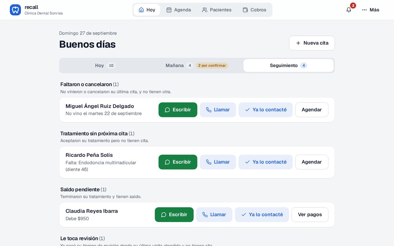 Pestaña Seguimiento de Hoy en Recall con sus grupos: faltaron o cancelaron, tratamiento sin próxima cita, saldo pendiente y le toca revisión