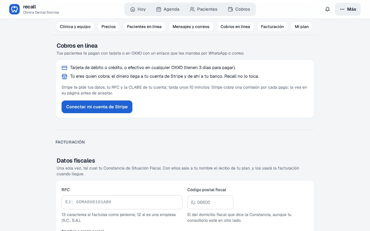 Sección Cobros en línea de la Configuración de Recall sin conectar: explica que el dinero llega a la cuenta de Stripe de la clínica, qué pide Stripe, y el botón Conectar mi cuenta de Stripe