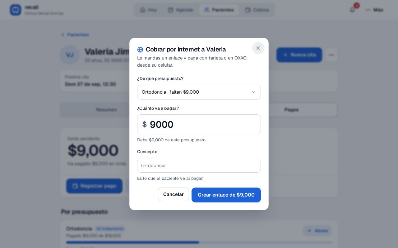Ventana Cobrar por internet a Valeria con el presupuesto Ortodoncia elegido, el campo ¿Cuánto va a pagar? con lo que debe y el campo Concepto