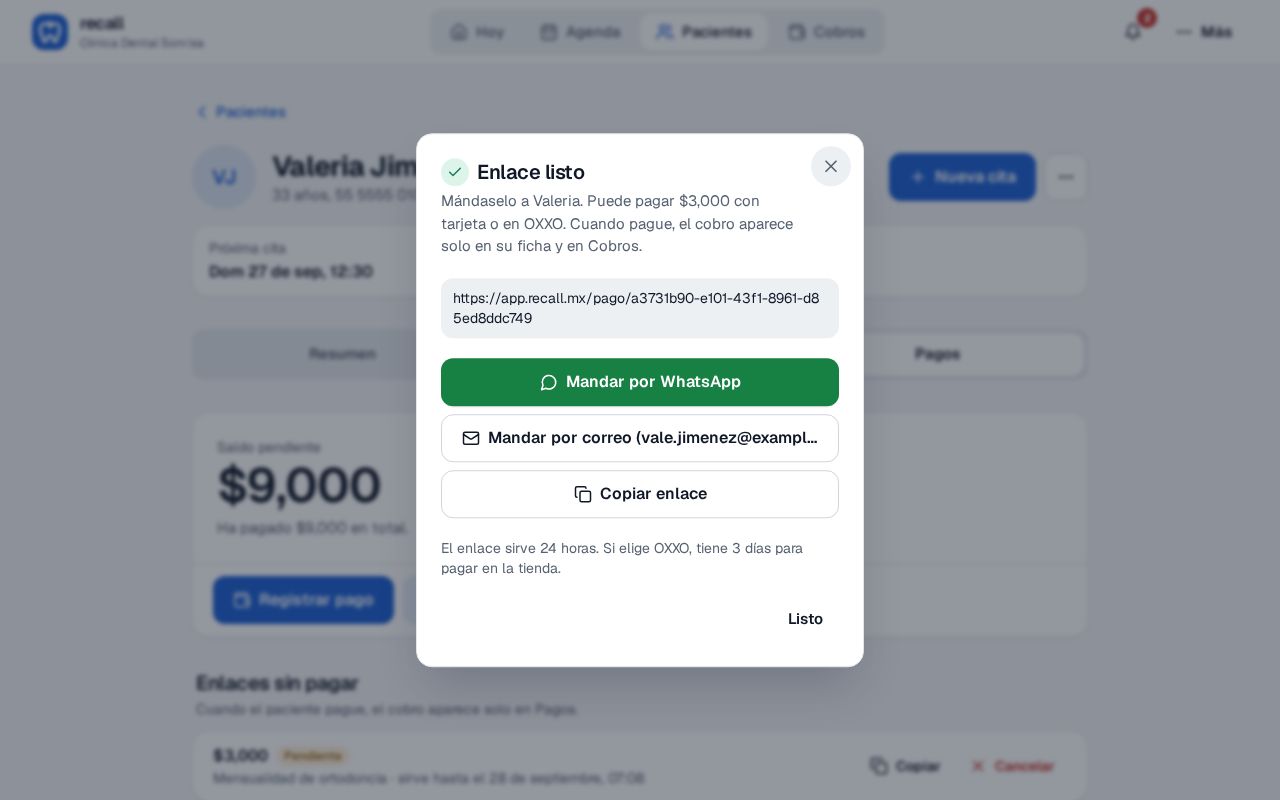 Ventana Enlace listo con la dirección del enlace de pago y los botones Mandar por WhatsApp, Mandar por correo y Copiar enlace