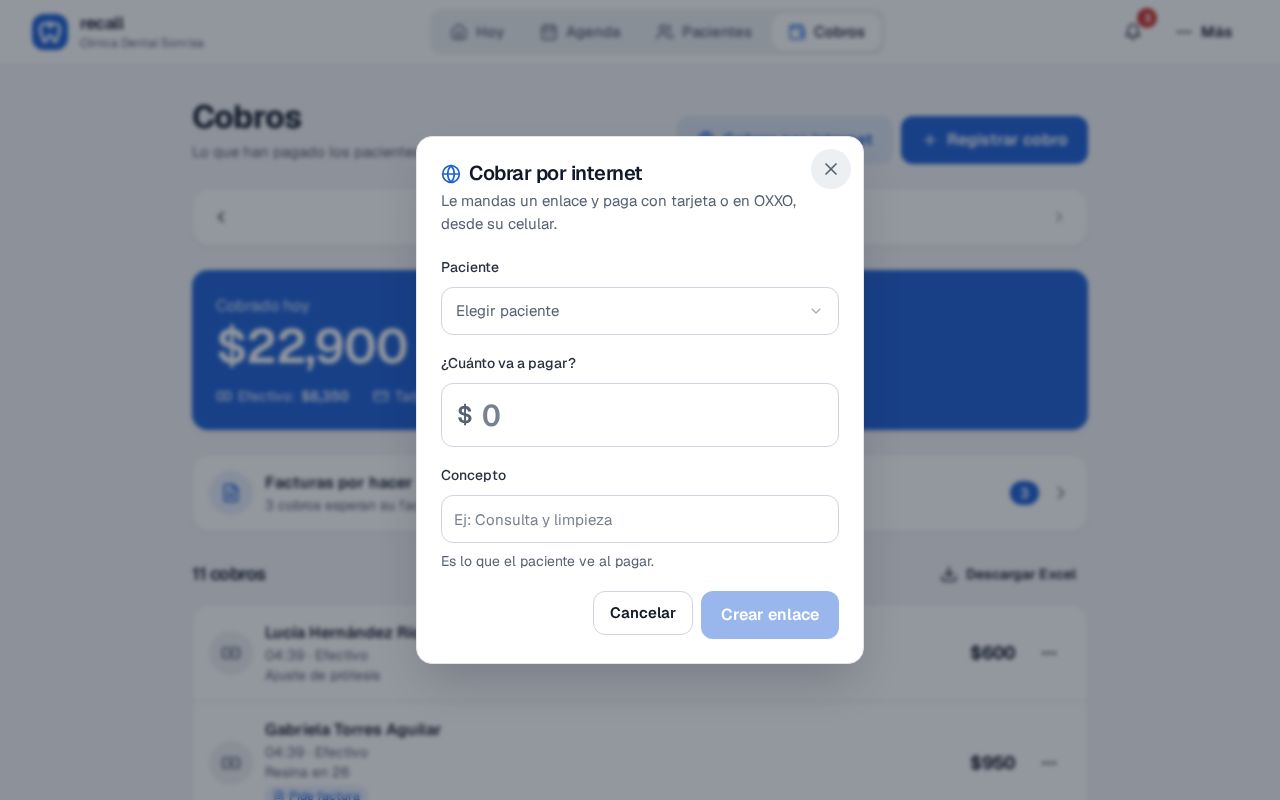 Ventana Cobrar por internet abierta desde Cobros, con el campo para elegir paciente