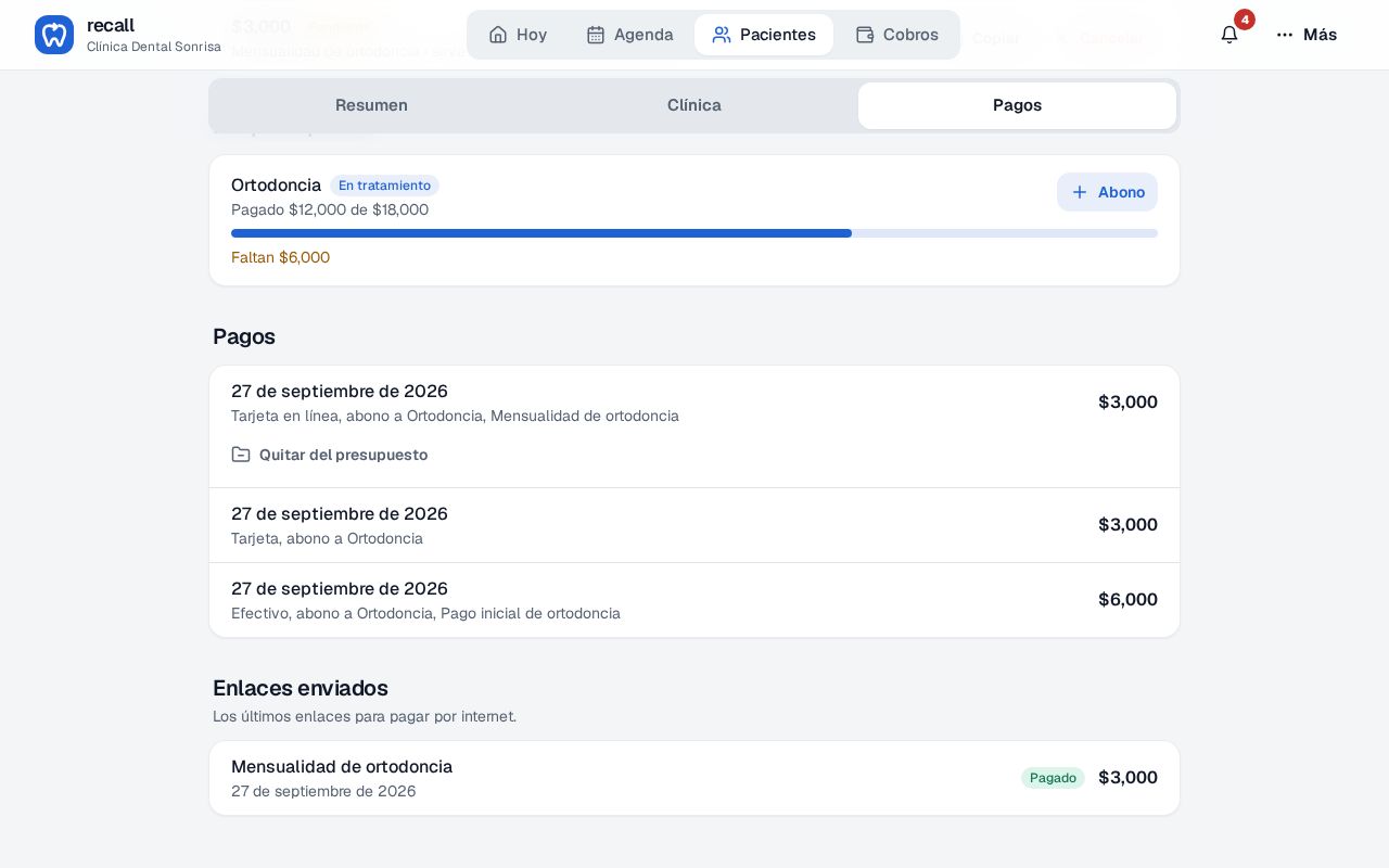 Enlaces enviados en la ficha de Valeria con el enlace de $3,000 marcado Pagado