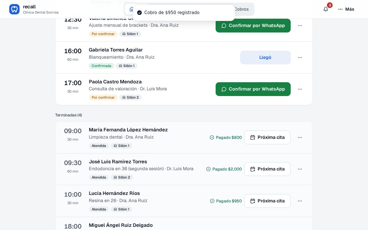 Hoy con el aviso Cobro de $950 registrado y la cita de Lucía en Terminadas marcada Pagado $950 con el botón Próxima cita