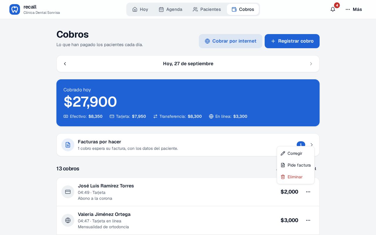 Menú de opciones de un cobro en Cobros con Corregir, Pide factura y Eliminar