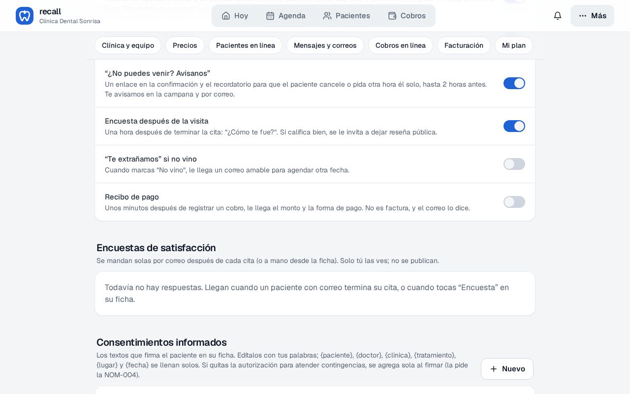 Correos automáticos en la Configuración de Recall con el interruptor Recibo de pago y su descripción