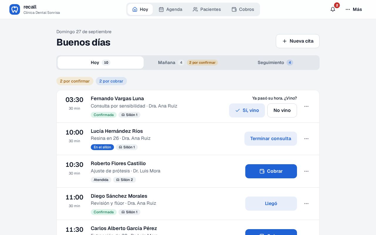 Pantalla Hoy de Recall con dos citas por confirmar y su botón verde Confirmar por WhatsApp junto a las citas ya confirmadas con el botón Llegó