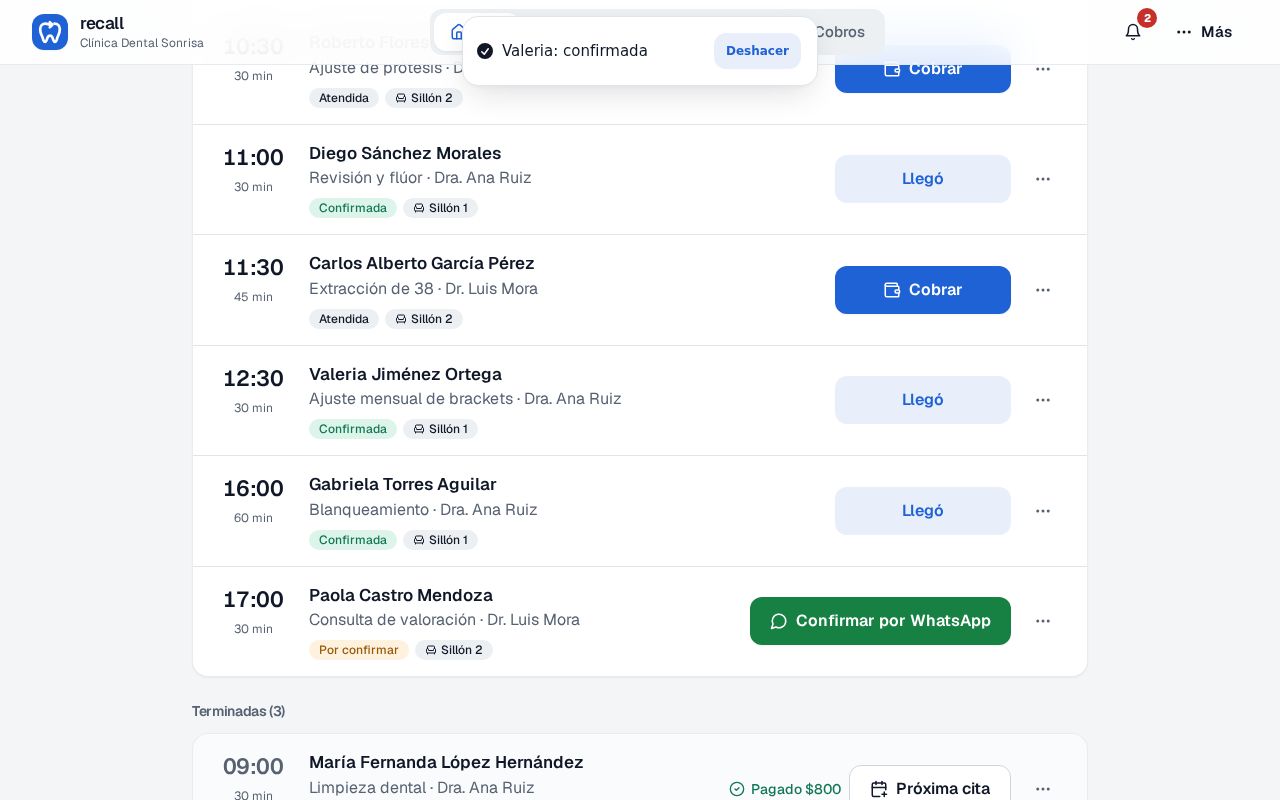 Hoy de Recall con el aviso Valeria: confirmada y Deshacer, la cita ya con el estado Confirmada y el botón Llegó