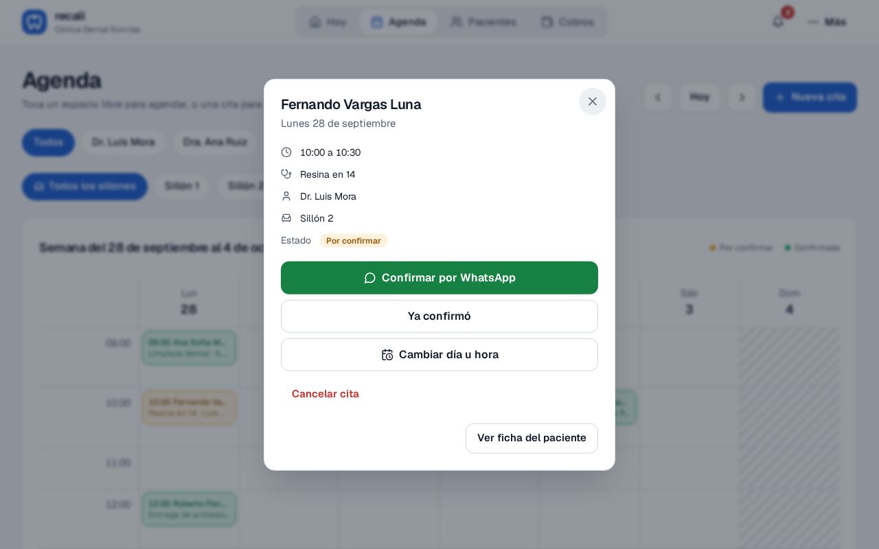 Cita por confirmar abierta en la Agenda de Recall con los botones Confirmar por WhatsApp y Ya confirmó
