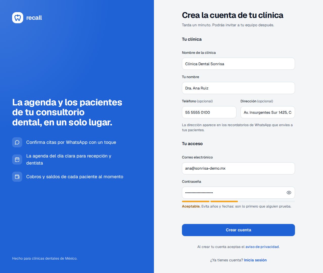 Formulario Crea la cuenta de tu clínica en Recall con el nombre de la clínica, tu nombre, teléfono, dirección, correo y contraseña llenos