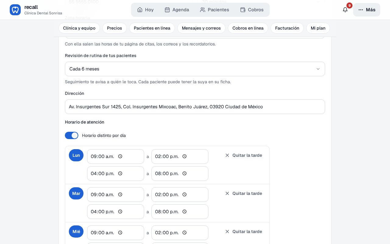 Horario de atención en la Configuración de Recall con el interruptor Horario distinto por día y las horas de mañana y tarde de lunes a miércoles