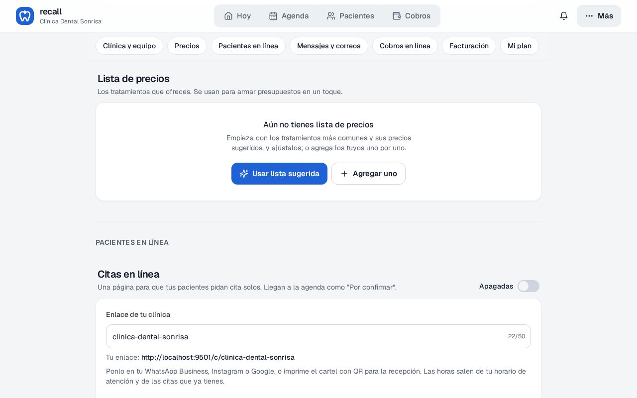 Lista de precios vacía en Recall con los botones Usar lista sugerida y Agregar uno