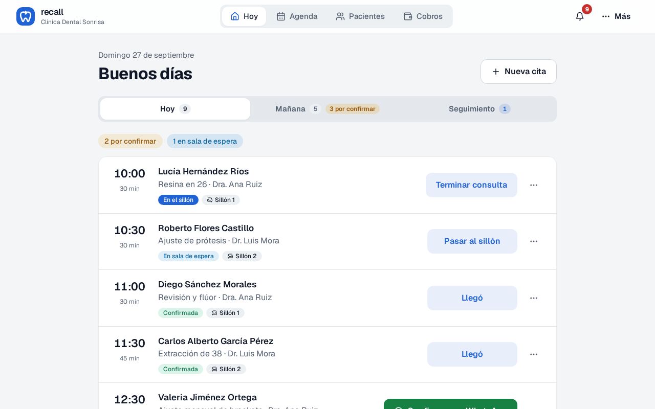Pantalla Hoy de Recall con varias citas del día, cada una con su estado y un botón con el siguiente paso