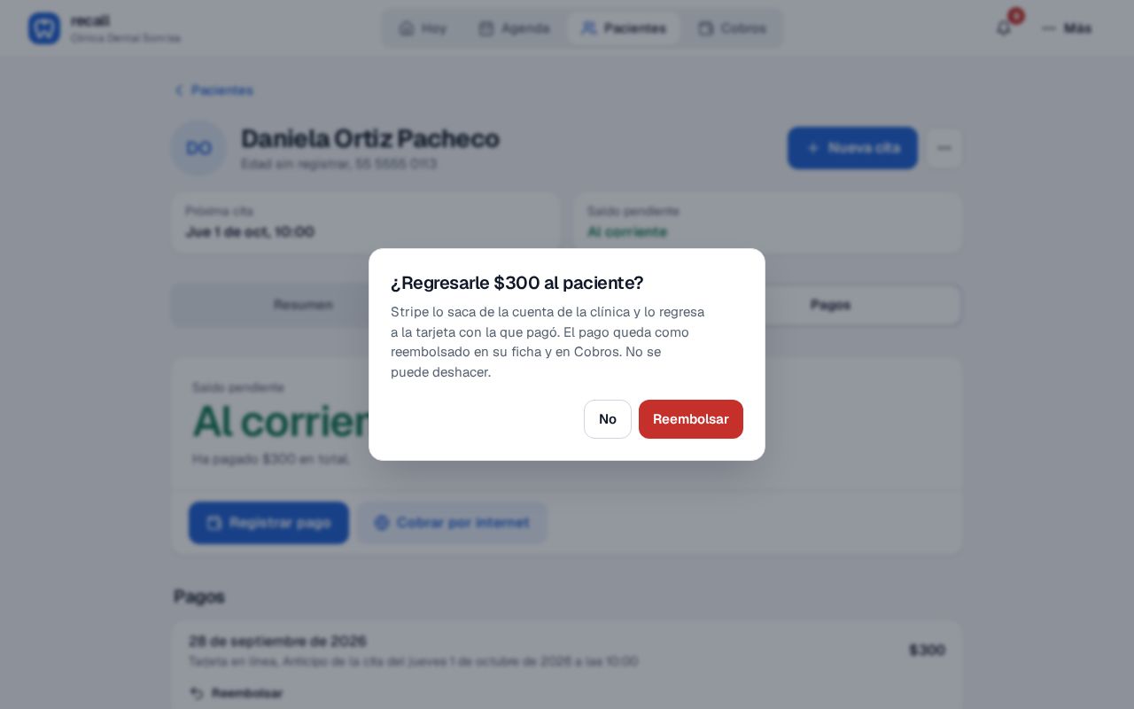 Confirmación ¿Regresarle $300 al paciente? en la ficha de Daniela: Stripe lo saca de la cuenta de la clínica y lo regresa a la tarjeta con la que pagó, con los botones No y Reembolsar