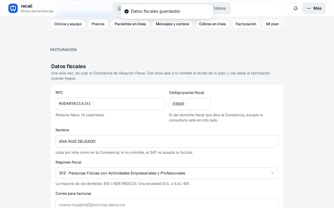 Datos fiscales guardados en Recall con RFC, código postal, nombre y régimen 612 correctos