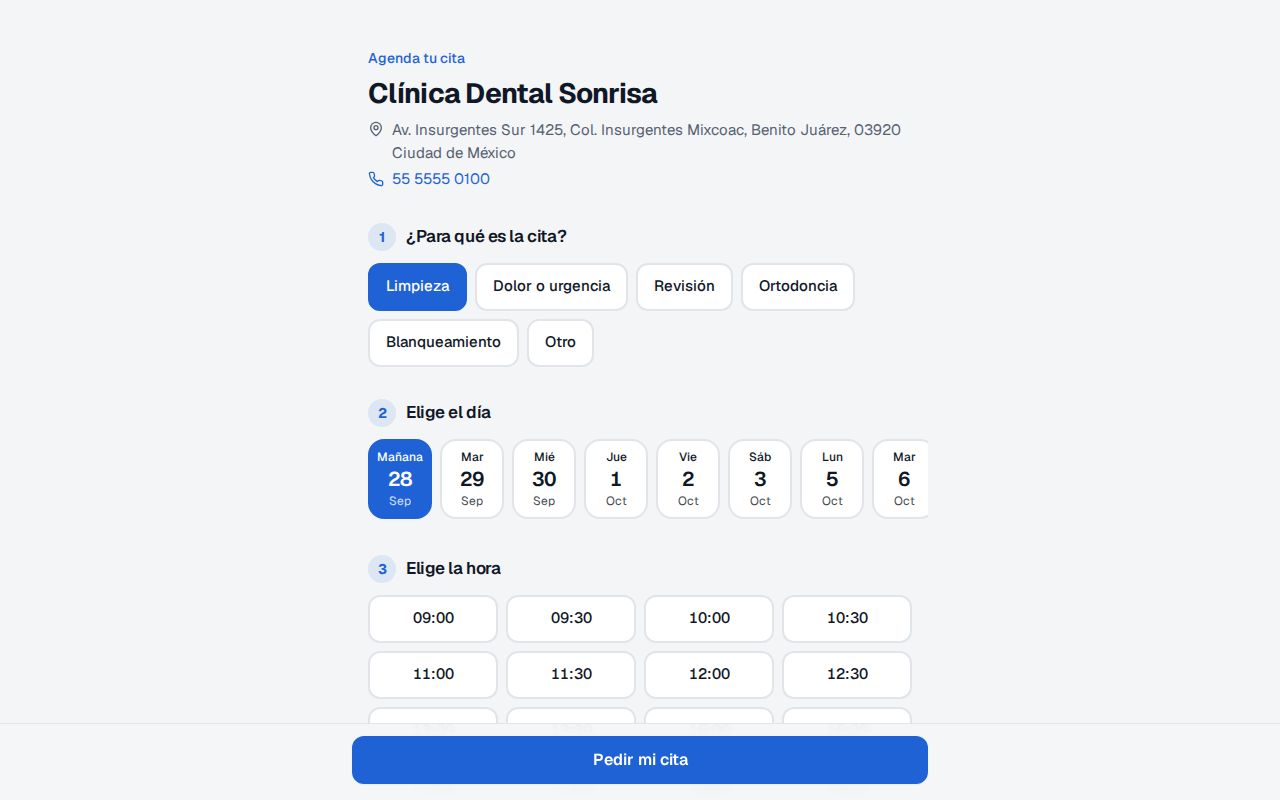 Página pública de citas en línea de Clínica Dental Sonrisa con el motivo Limpieza, los días de la semana y las horas disponibles de mañana