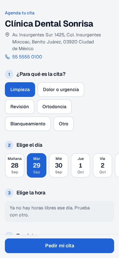 Página de citas en línea de Recall en un celular con un día elegido y el aviso Ya no hay horas libres ese día. Prueba con otro