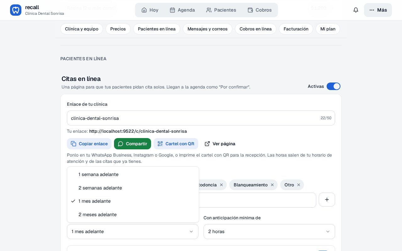 Configuración → Citas en línea de Recall con la lista Pueden agendar hasta abierta: 1 semana, 2 semanas, 1 mes y 2 meses adelante
