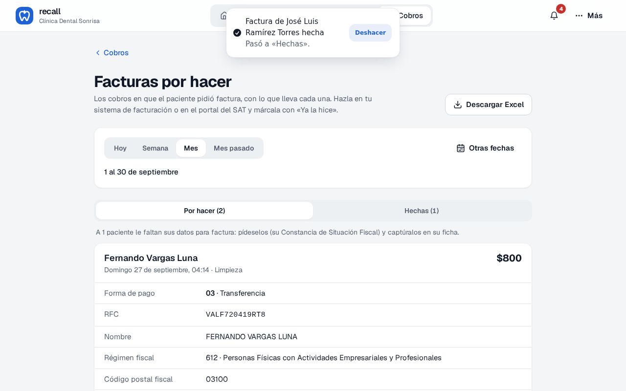 Aviso Factura de José Luis Ramírez Torres hecha, pasó a Hechas, con el botón Deshacer, y la lista Por hacer actualizada