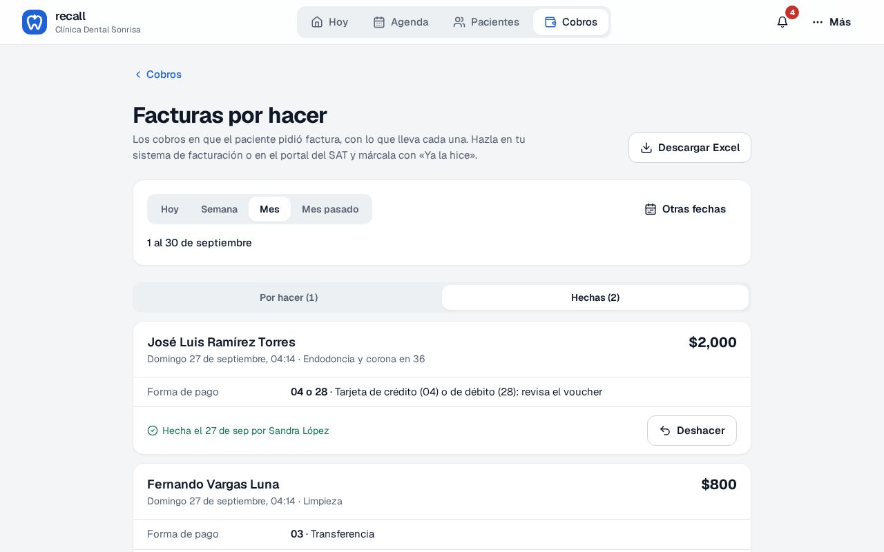 Pestaña Hechas de Facturas por hacer con la factura de José Luis Ramírez Torres hecha el 27 de septiembre por Sandra López y el botón Deshacer