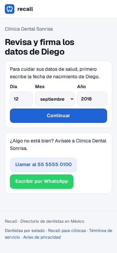 Página Revisa y firma los datos de Diego en el celular con Día 12, Mes septiembre, Año 2018, el botón Continuar y los botones para llamar o escribir a la clínica