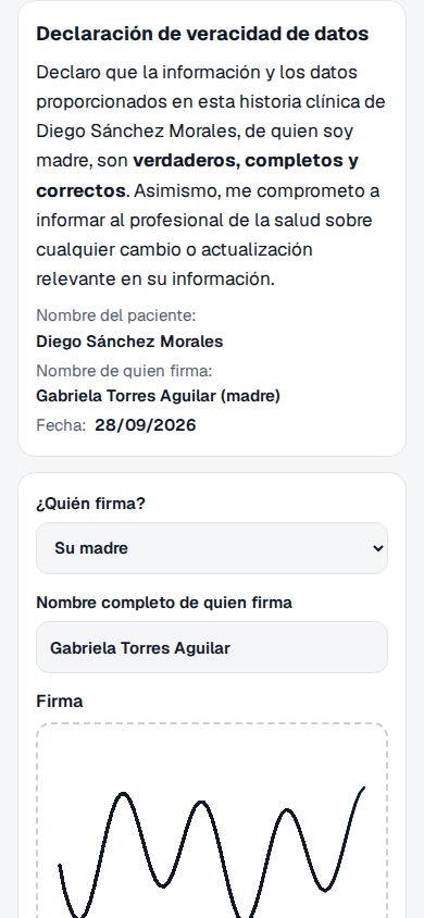 Declaración de veracidad de datos en el celular, Quién firma Su madre, nombre Gabriela Torres Aguilar y la firma trazada en el recuadro