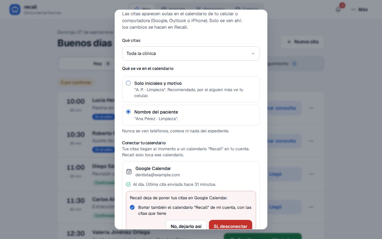 Confirmación en Recall al tocar Desconectar: Recall deja de poner tus citas en Google Calendar, con la casilla Borrar también el calendario Recall de mi cuenta, con las citas que tiene, y los botones No, dejarlo así y Sí, desconectar