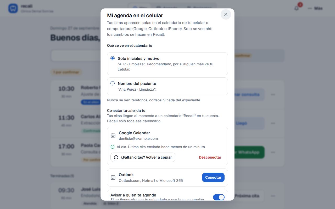 Tarjeta Google Calendar conectada del Dr. Luis Mora en Recall, Al día, y debajo el interruptor Avisar a quien te agende encendido
