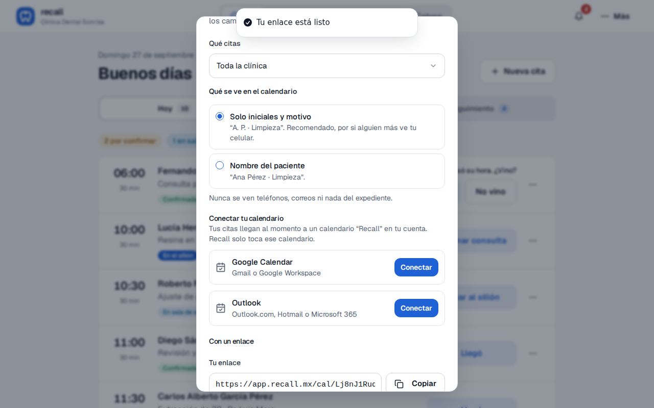 Ventana Mi agenda en el celular de Recall con Tu enlace, el botón Copiar, las pestañas Google, Outlook e iPhone y el botón Agregar a Google Calendar con sus pasos