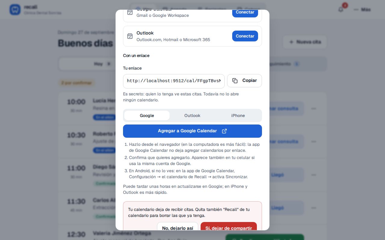 Confirmación en Recall al tocar Dejar de compartir: Tu calendario deja de recibir citas. Quita también Recall de tu calendario para borrar las que ya tenga, con No, dejarlo así y Sí, dejar de compartir