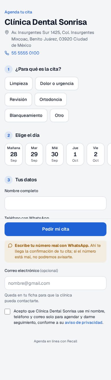 Página de citas en línea de la Clínica Dental Sonrisa en el celular: el motivo, el día, la hora y los datos del paciente en pasos numerados