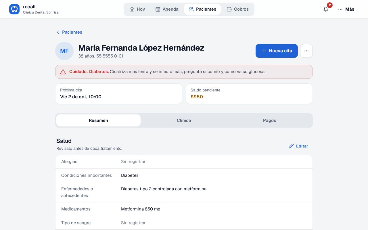 Ficha de María Fernanda López Hernández en Recall con la franja roja Cuidado: Diabetes y el bloque Salud con condiciones importantes Diabetes y medicamentos Metformina 850 mg