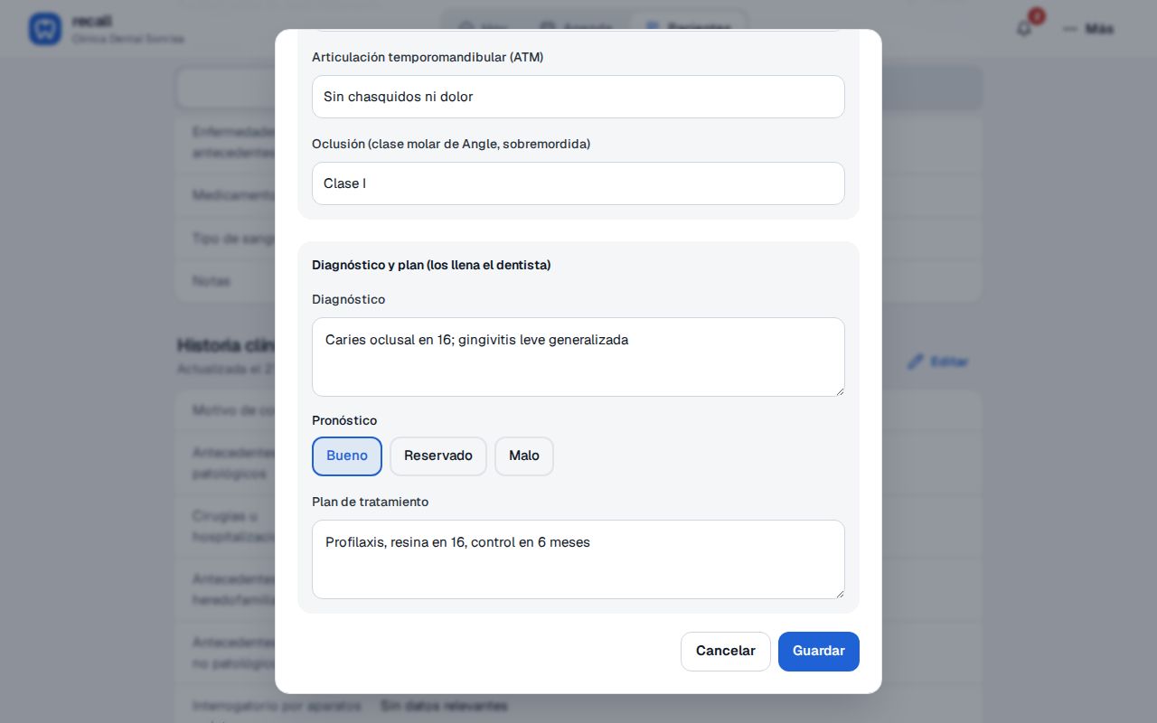 Parte final de la hoja Historia clínica de Recall: Diagnóstico y plan (los llena el dentista) con diagnóstico, pronóstico Bueno, Reservado o Malo y plan de tratamiento