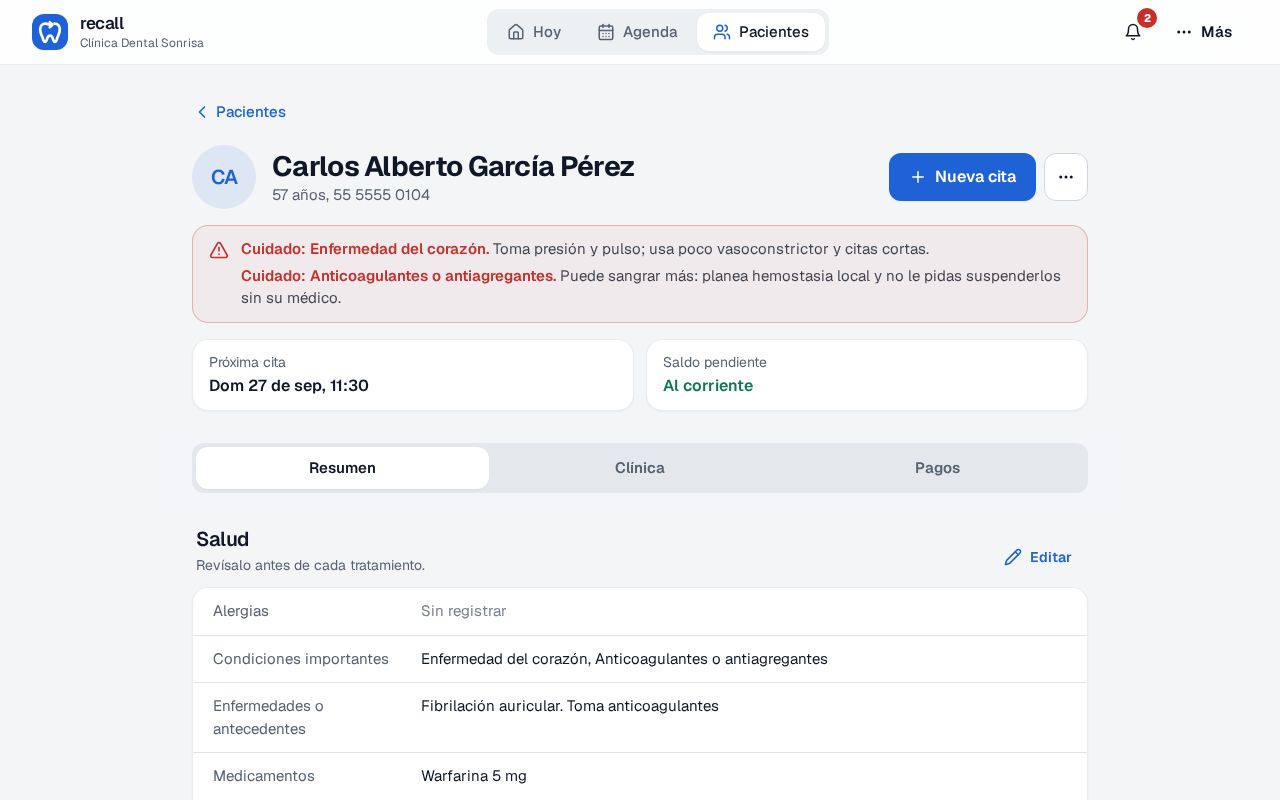 Ficha de Carlos Alberto García Pérez en Recall con dos alertas: Cuidado: Enfermedad del corazón, y Cuidado: Anticoagulantes o antiagregantes, puede sangrar más, planea hemostasia local