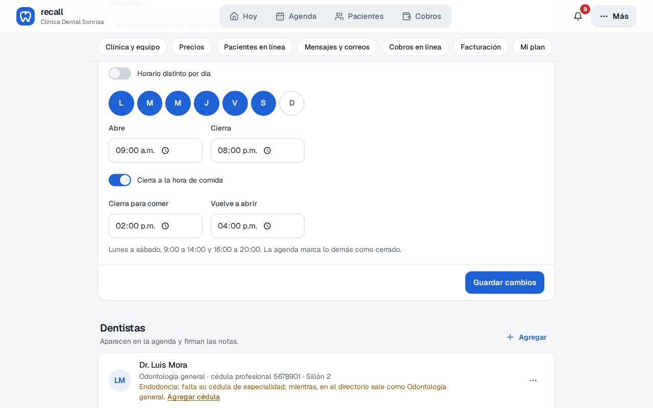 Horario de atención de Recall con Horario distinto por día apagado, los días de lunes a sábado en azul, Abre 9:00, Cierra 20:00, Cierra a la hora de comida prendido de 14:00 a 16:00 y la línea Lunes a sábado, 9:00 a 14:00 y 16:00 a 20:00