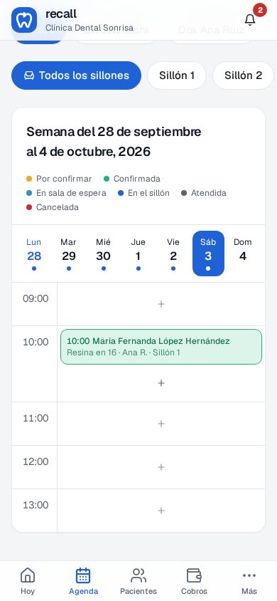 Agenda de Recall en el celular con el sábado 3 elegido, las filas de 9:00 a 13:00 y una cita a las 10:00