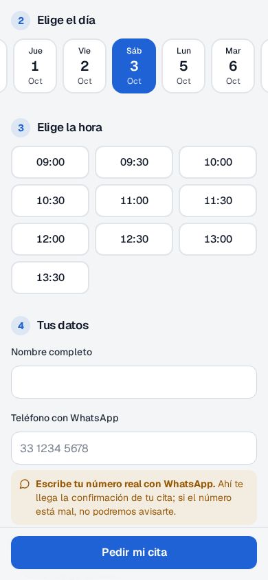 Página de citas en línea de Clínica Dental Sonrisa en el celular: los días van del viernes 2 al lunes 5 sin domingo, y el sábado 3 elegido ofrece horas de 9:00 a 13:30