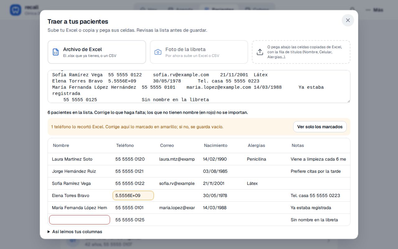 Lista de revisión de Recall con seis pacientes pegados desde Excel: un teléfono recortado por Excel marcado en amarillo y una fila sin nombre marcada en rojo