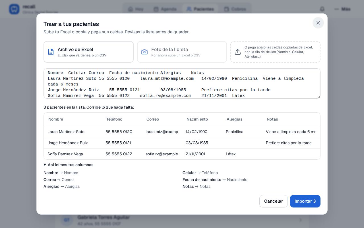 Lista de revisión de Recall con la sección Así leímos tus columnas abierta: Nombre a Nombre, Celular a Teléfono, Correo a Correo, Fecha de nacimiento a Nacimiento, Alergias y Notas