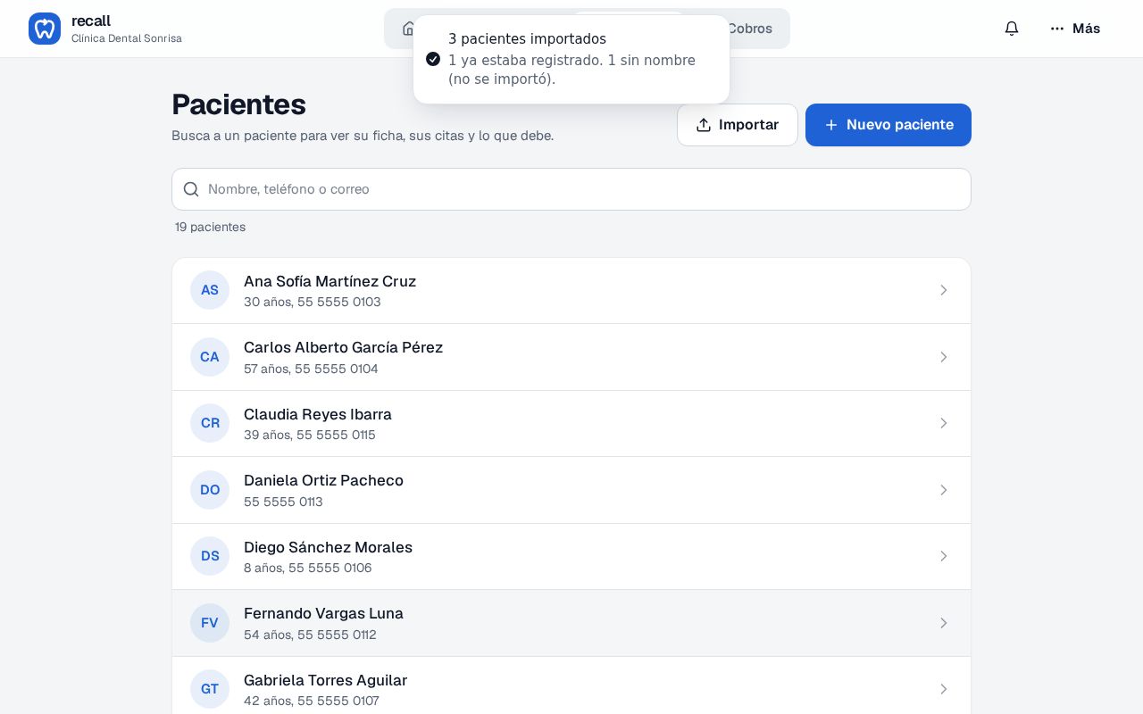 Aviso de Recall al terminar de importar: 3 pacientes importados, 1 ya estaba registrado y 1 sin nombre no se importó, sobre la lista de Pacientes